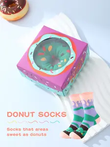 Funny Colorful Donut Socks with Flame Stripes, Creative Food Theme Gift Box, High Stretch Soft Comfortable, Unisex Knee-High Socks, Elastic Socks