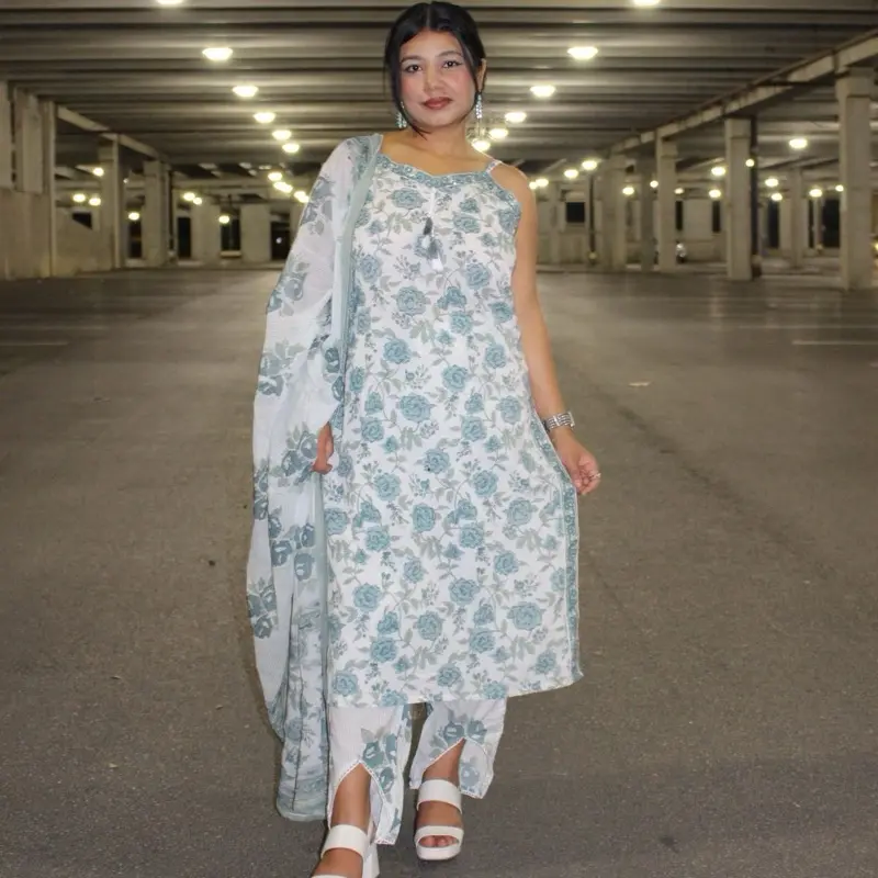 Kurtha Sleeveless White Floral Teal Prints Set with Dupatta for Women's Fashion
