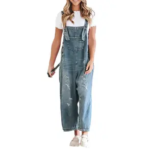 Women Denim Bib Overalls Ripped Baggy Jean Jumpsuit Romper Pants with Pockets for Streetwear Womenswear Casual Can be used with a raincoat
