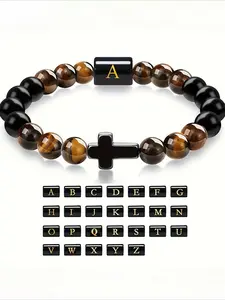 Fashionable Men's Natural Tiger Eye Stone Beaded Bracelet with Personalized Engraved Letter A-Z and Cross Charm - Elastic, No Plating - Ideal Gift for Father's Day, Birthday, Son