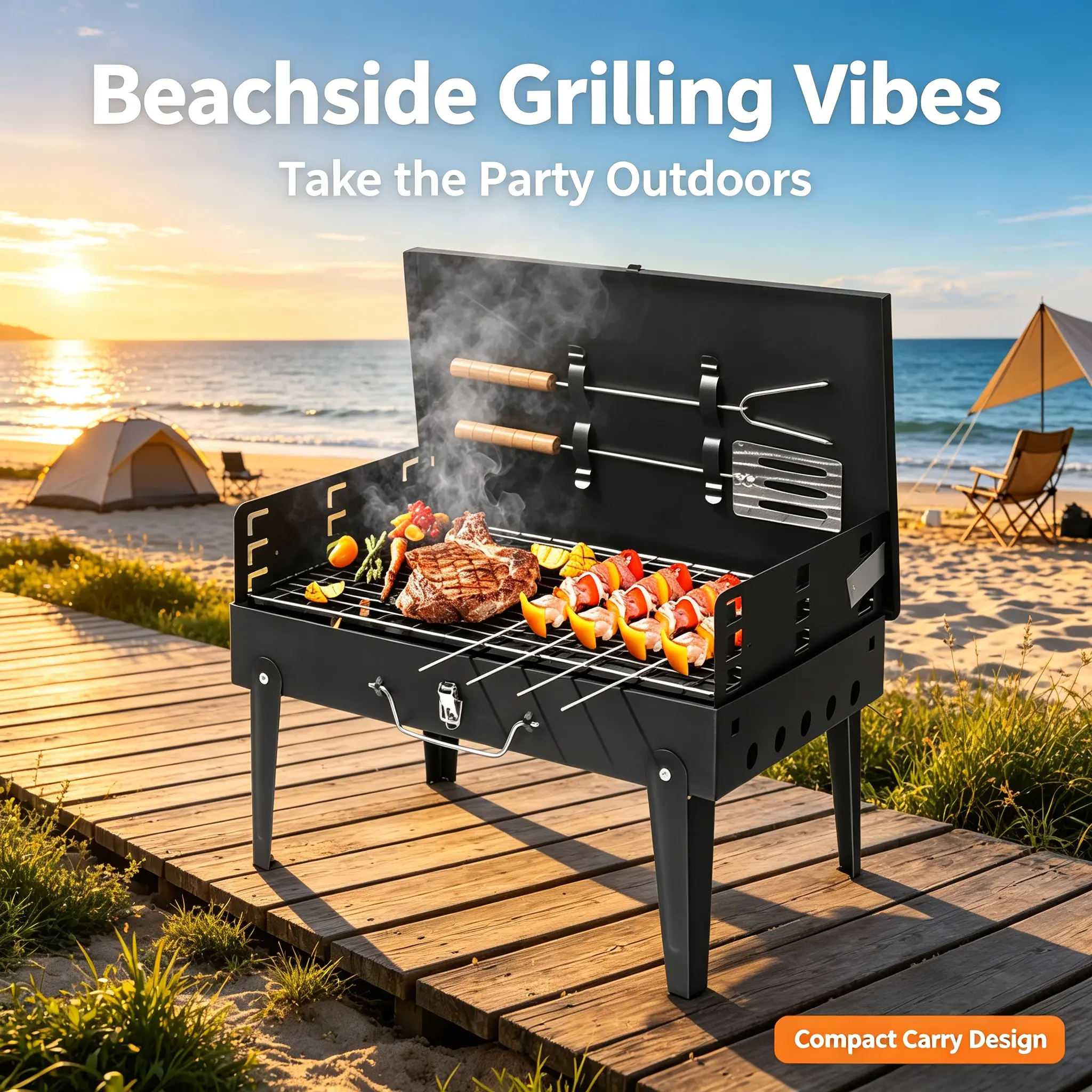 Portable Suitcase Durable Charcoal Grill - Mini Tabletop Charcoal Grill - Collapsible Camping Grill for Picnic, Tailgating and Backyard BBQ, Dust-Proof Folding Barbecues for 3-4 People, Campfire