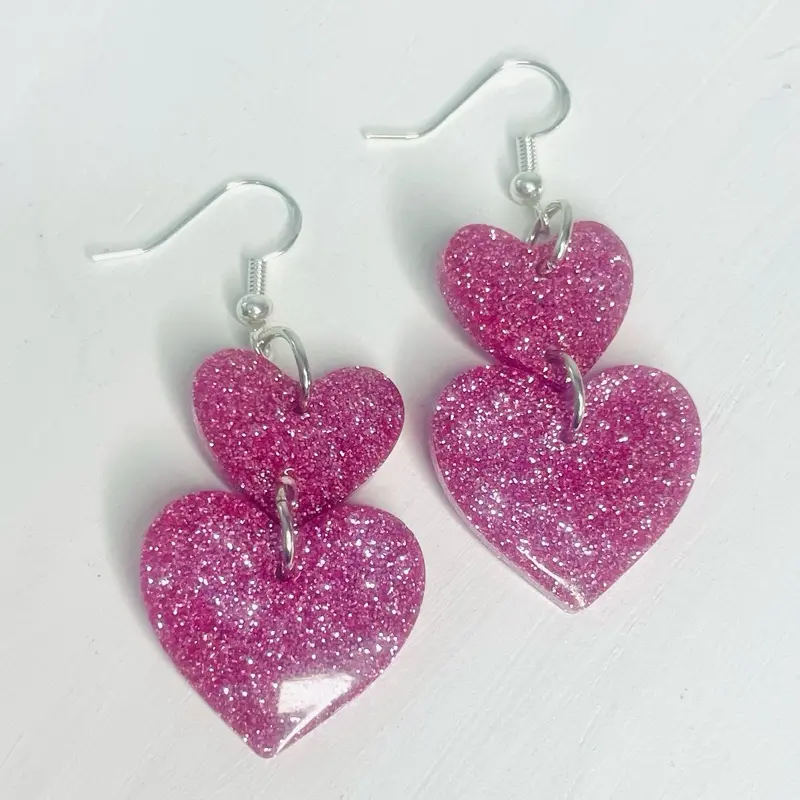 Always Love Jewelry Valentines Day Earrings - Pink Glitter Heart Design for Women