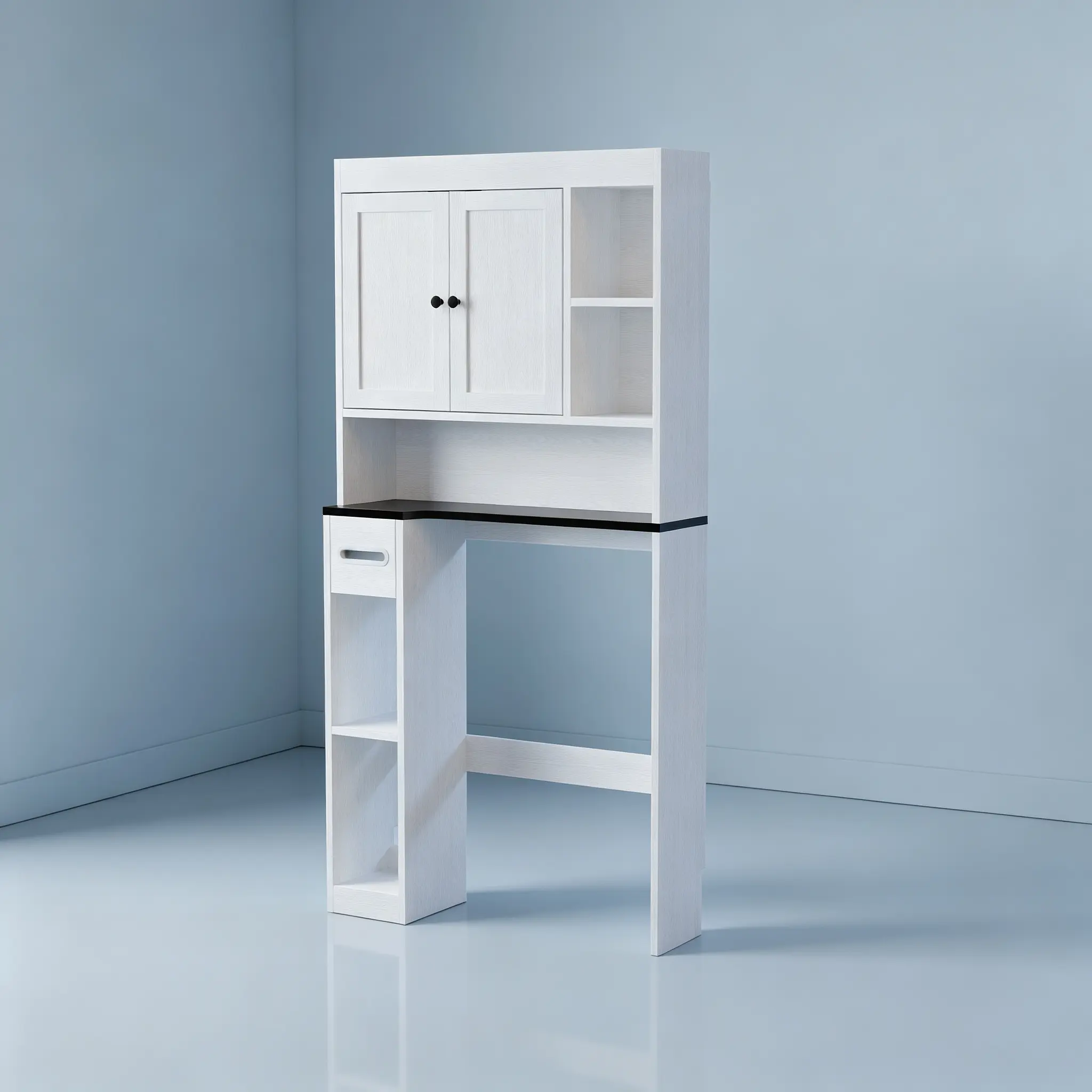 Over-the-Toilet Storage Cabinet with 7 Shelves, Double Doors & Toilet Paper Holder, Adjustable Freestanding Bathroom Organizer, Space-Saving Toilet Storage for Small Bathrooms, White