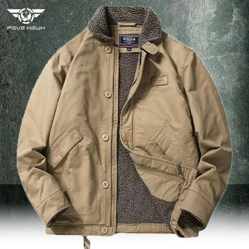 Men's Retro Tactical Military Bomber Jacket - Winter Lambswool Longsleeves Cotton Cargo Outwear, Loose-Fitting Thick Warm XL Coat with Pockets, Tactical Military Jacket, Tops, Menswear, Clothes, Long Sleeve, Retro Bomber, Thick Warm Coat, Military Wear