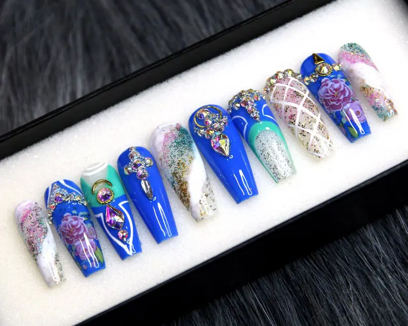 Royal Blue Rose Rhinestone Press On Nails | Luxury Glitter Coffin Nails | 3D Crystal Floral Handmade False Nails