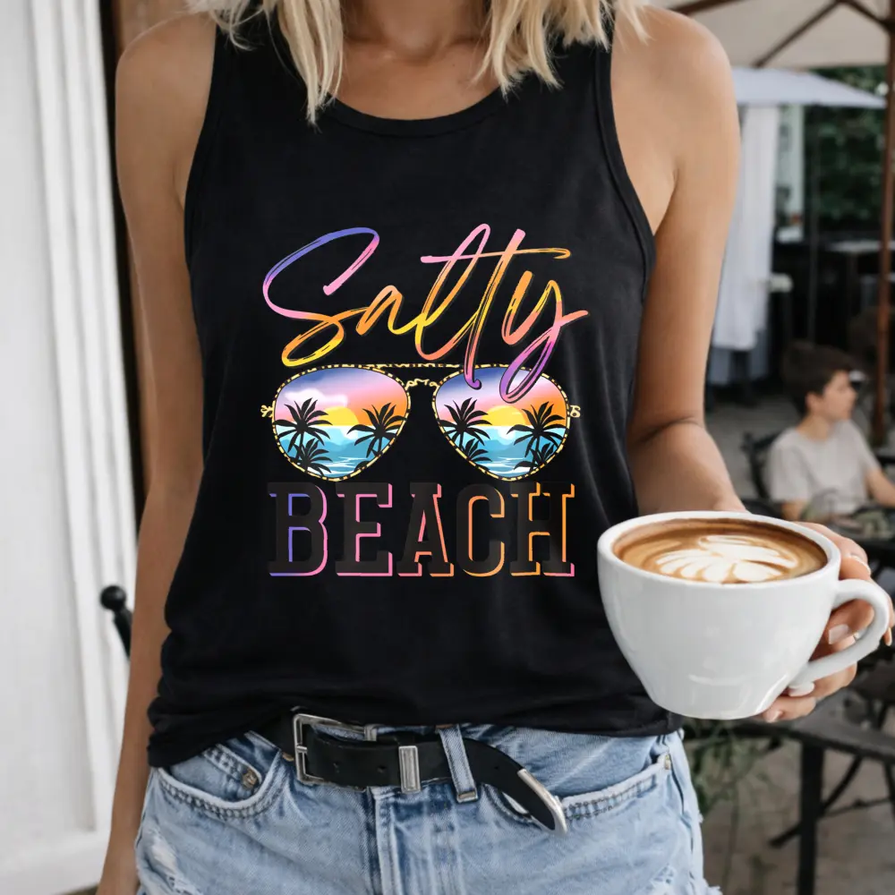 Women's Fashion Streetwear Top - Salty Beach Sunglasses, Palm Trees, Sunset Print, Crew-Neck, Sleeveless Vest, Outdoor Casual, Pullover, Matching Style, Breathable
