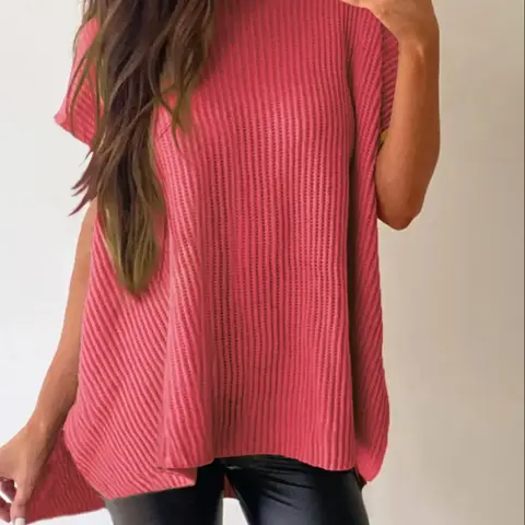 Women's Plain Textured Split Hem Batwing Sleeve Knit Top, Casual Short Sleeve Round Neck Knitwear for Summer, Fashion Women's Knit Clothing for Daily Wear, Casual Pullover Tops, Cute Tops, Womenswear