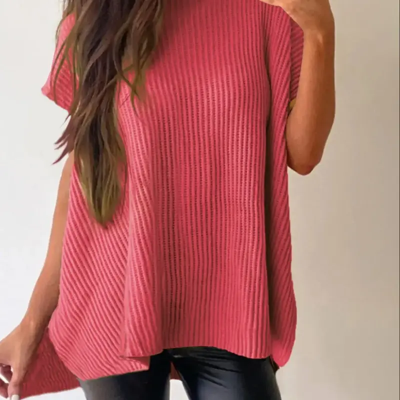 Women's Plain Textured Split Hem Batwing Sleeve Knit Top, Casual Short Sleeve Round Neck Knitwear for Summer, Fashion Women's Knit Clothing for Daily Wear, Casual Pullover Tops, Cute Tops, Womenswear