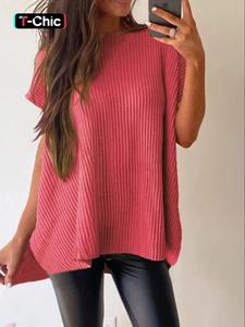 women's plain textured split hem batwing sleeve knit top, casual short sleeve round neck knitwear for summer, fashion women's knit clothing for daily wear, cute tops, womenswear