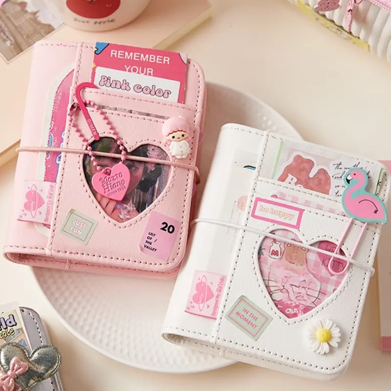 Korean M5 Pink Heart Ring Binder - Detachable Portable Travel Notebook Cute, Note Taking Notebook with Strap, KPOP Fans Mini Gift, Home Organizer Scrapbook Stationery Set