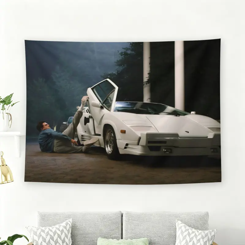 Tom Cruise with Lamborghini Meme Wall Flag, 80s Movie Scene Tapestry, Retro Car Room Decor