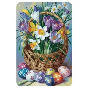 Easter Floral Basket Tin Sign, Vintage Spring Flower Egg Metal Sign for Home Decoration