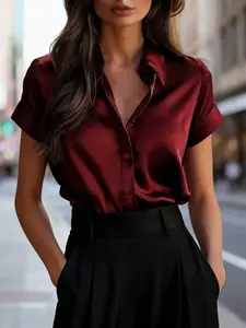 Women's Satin Lapel Single Button Short Sleeve Shirt, Fashionable Chic Elegance Versatile Vacation Travel Top, Stylish Summer Blouse