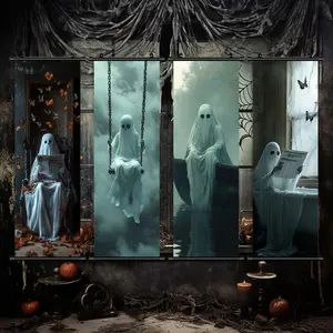 Halloween Hanging Banner, 4 Counts/set Ghost Reading A Book & The Funny Ghost in The Bath & Happy Halloween Letter Pattern Wall Art, Wall Decor