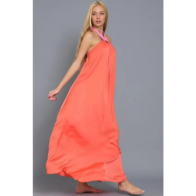 slim fit dress slacks Coral Color Block Halter Neck Maxi Dress