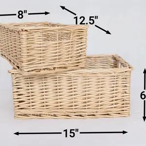 Boho Wicker Shelf Baskets, Set of 2 Natural Willow Organizers, Woven Storage Containers for Bathroom and Living Room Decor Nature