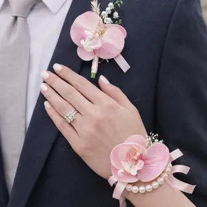 Elegant Orchid & Lily of the Valley Wedding Corsage & Boutonniere Set, Bride Wrist Flower Bracelet, Groom Boutonniere, Bridesmaid Accessory