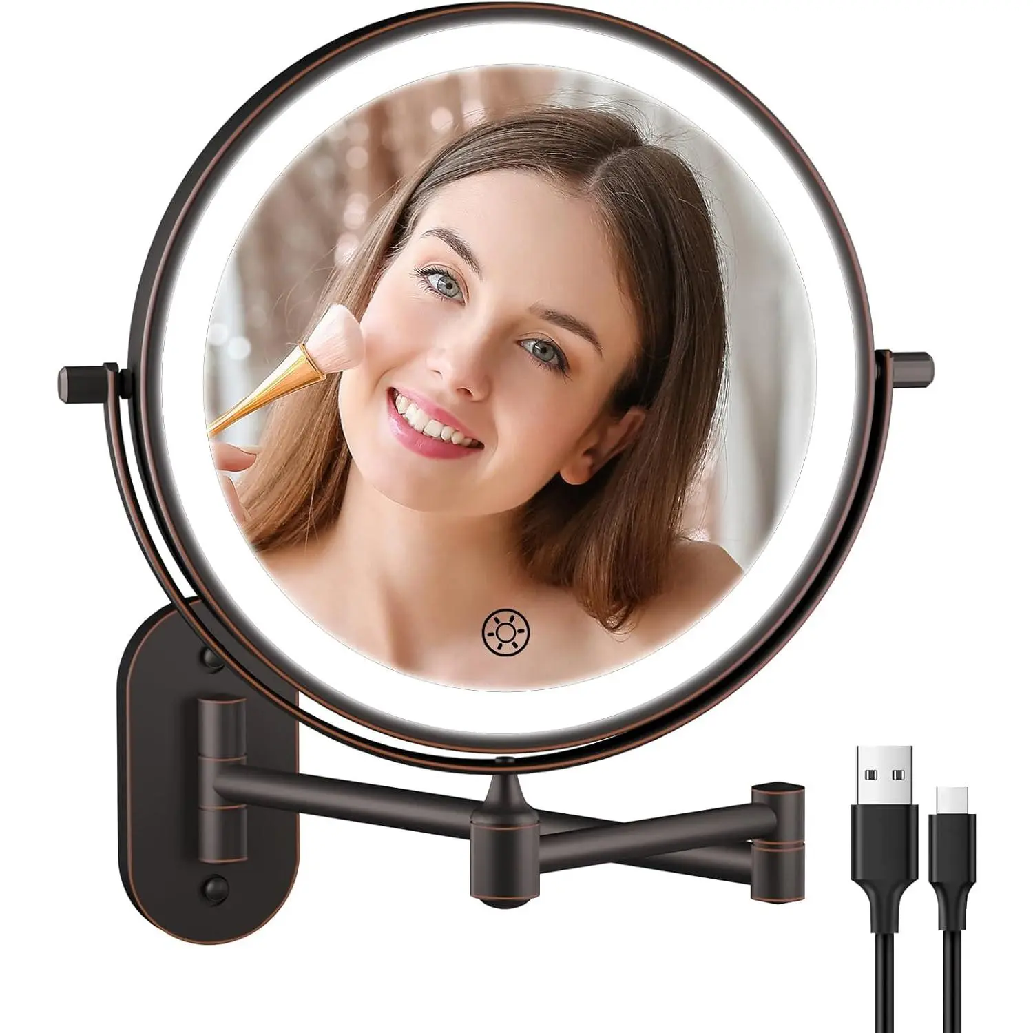 5000mAh Rechargeable Wall Mounted Lighted Makeup  Mirror Double Sided 1X 30X Magnifying Bathroom Mirror, 3 Color Lighting,  Dimming, Extended Arm 360 Rotation Light up Mirror Antique Bronze