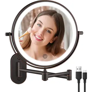 5000mAh Rechargeable Wall Mounted Lighted Makeup  Mirror Double Sided 1X 30X Magnifying Bathroom Mirror, 3 Color Lighting,  Dimming, Extended Arm 360 Rotation Light up Mirror Antique Bronze