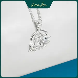LavaJewelry Crescent Moon & Sun Necklace 925 Silver Pendant Necklace for Women, Gift for Mother