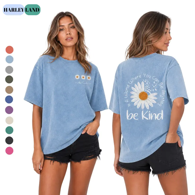 Oversized Acid Wash T-Shirt for Women, Vintage "Be Kind" Daisy Graphic Print, Casual 100% Cotton Short Sleeve Top, S, Tops For Women, Women's Tops