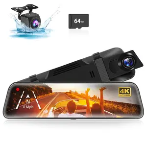 4K Rear View Mirror Camera with 64G SD Card, 1 Set Front & Rear Dash Cam, Rearview Mirror Backup Camera with Night Vision, 24H Parking Monitor