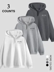 Men's Fall Winter Graphic Print Half-Zip Hoodie, Fitted Long Sleeve Pullover, Casual Fashion Daily Wear, 3 Pack Set