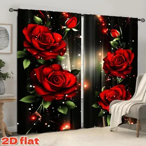 2D Flat 2Pcs Red Roses Floral Curtains, Romantic Black Background Sparkle Light Design Window Drapes, Semi-Sunshade Privacy Protection for Living Room Bedroom Dining Home Decor, Spring Summer Fall Winter Decoration