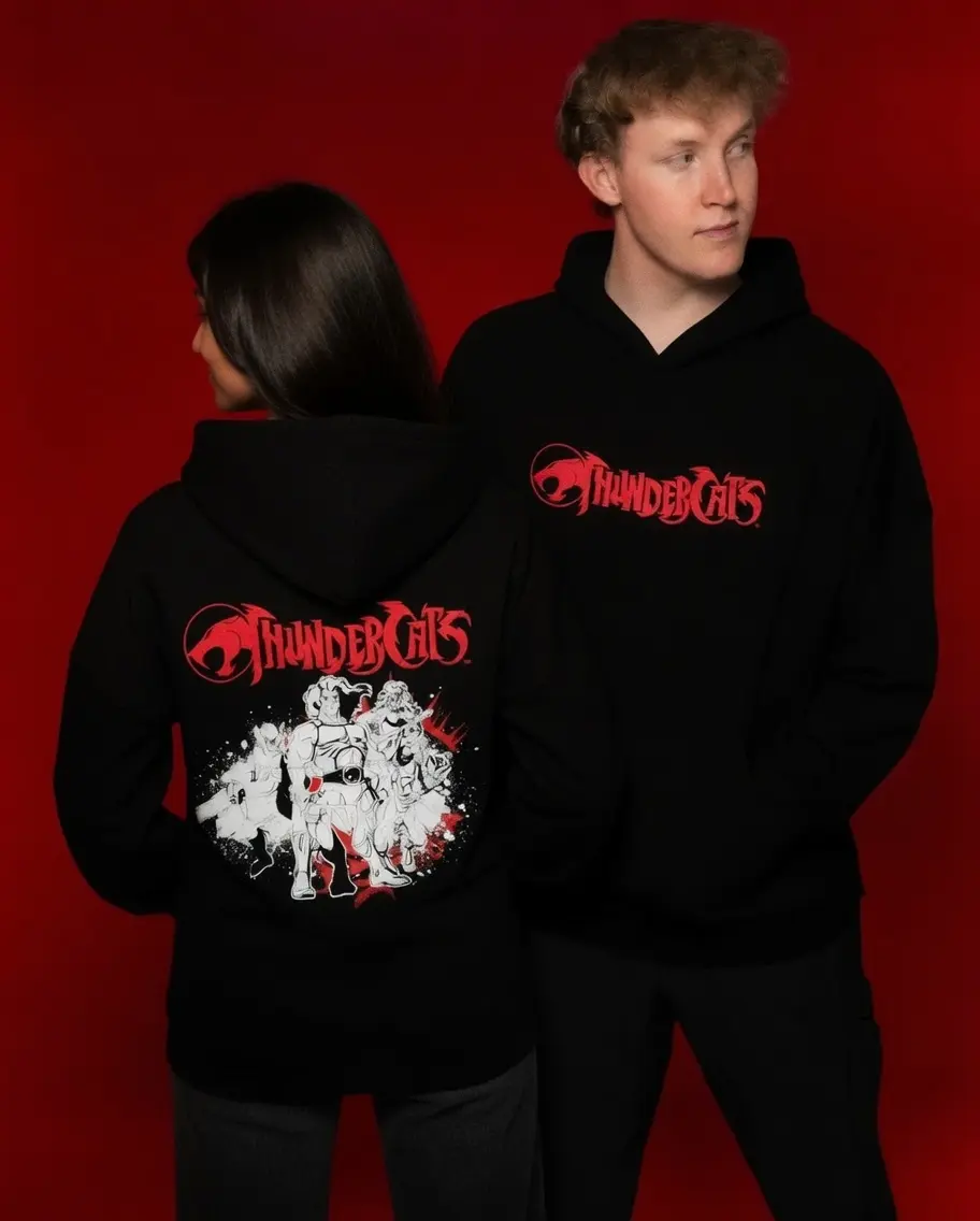 Vintage ThunderCats Graphic Hoodie Retro 80s Cartoon Lion O Print Black Hooded Sweatshirt Y2K Aesthetic Heavyweight Streetwear Hoody for Men Women