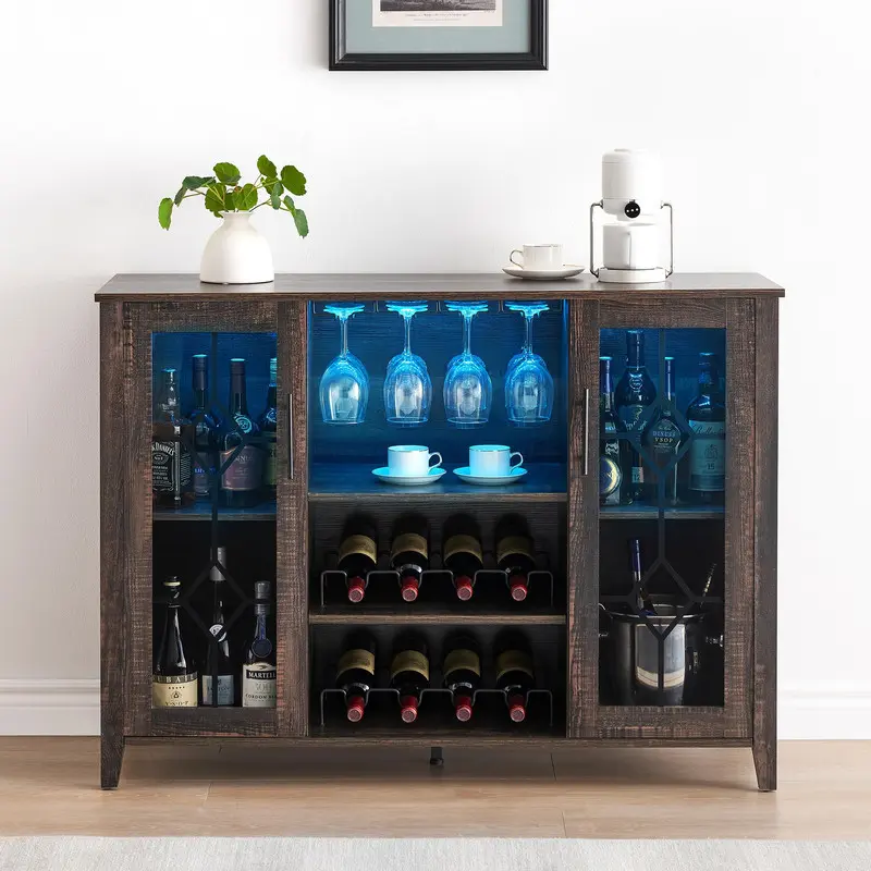 Dark Rustic Oak Waterproof Multifunctional Storage Wine Bar Cabinet - LED Light, Removable Wine & Glass Rack, Glass Door Cupboard, Kitchen Buffet Sideboard for Bar, Dining Room, Removable Wine Racks