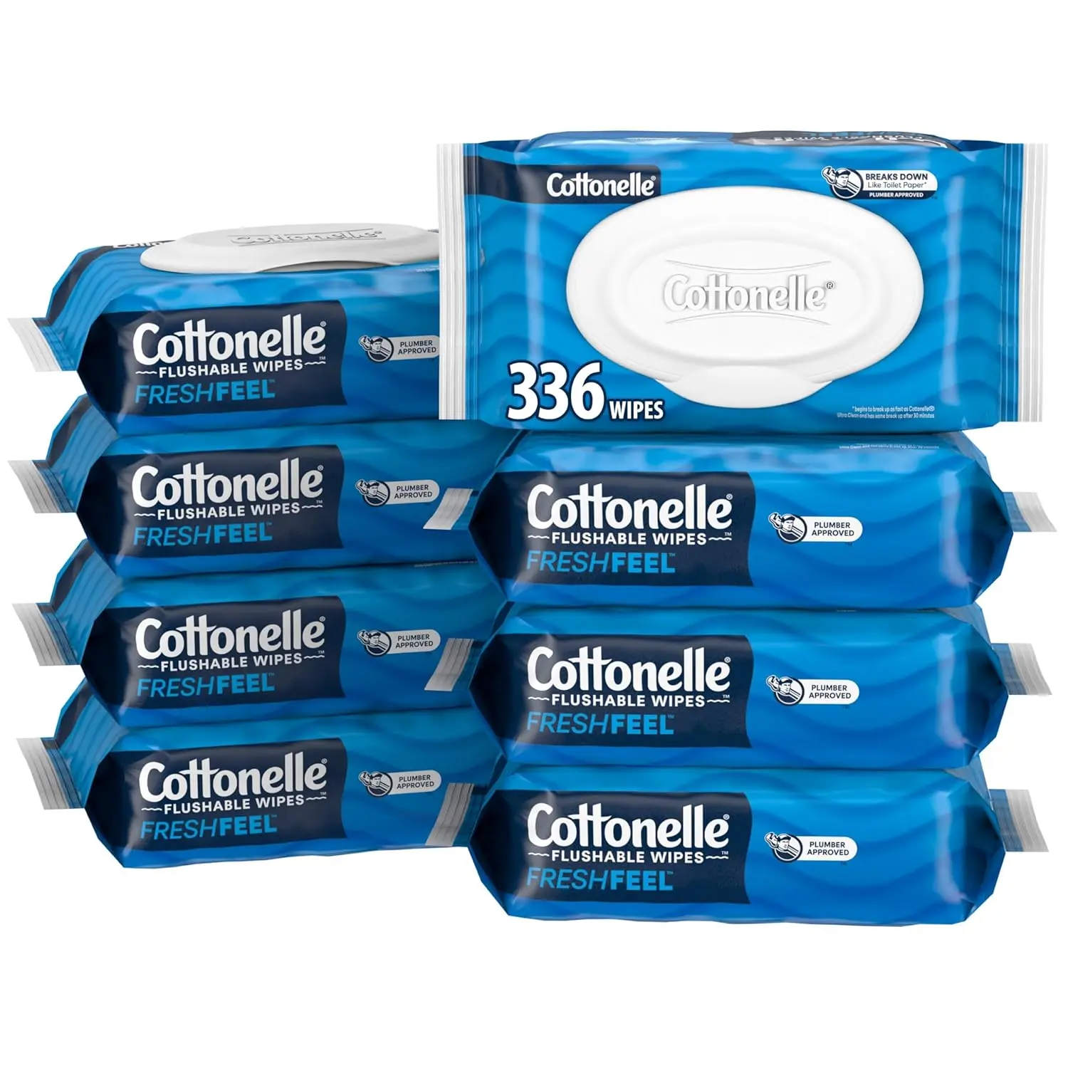Fresh Feel Flushable Wet Wipes, Adult Wet Wipes, 8 Flip-Top Packs, 42 Wipes Per Pack (336 Total Wipes)
