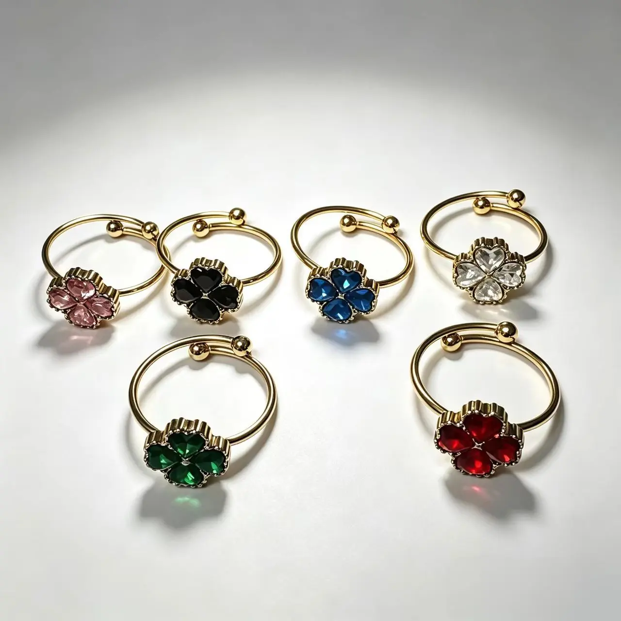 Women's Adjustable Gold-Plated Red Heart 4-Leaf Clover Open Ring with Ruby-Color Crystals, Lucky Costume Jewelry Gift
