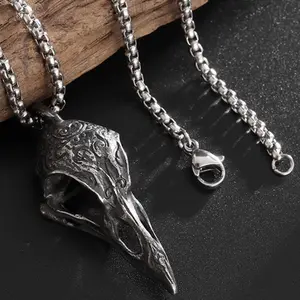 Viking Raven Skull Necklace for Men, Gothic Engraved Stainless Steel Pendant, Bold Statement Norse Mythology Amulet