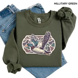 	Camo Flying Mallard Duck Sweatshirt, Vintage Waterfowl Hunting Crewneck, Retro 90s Duck Hunter Pullover, Old School Outdoor Graphic Top Gift