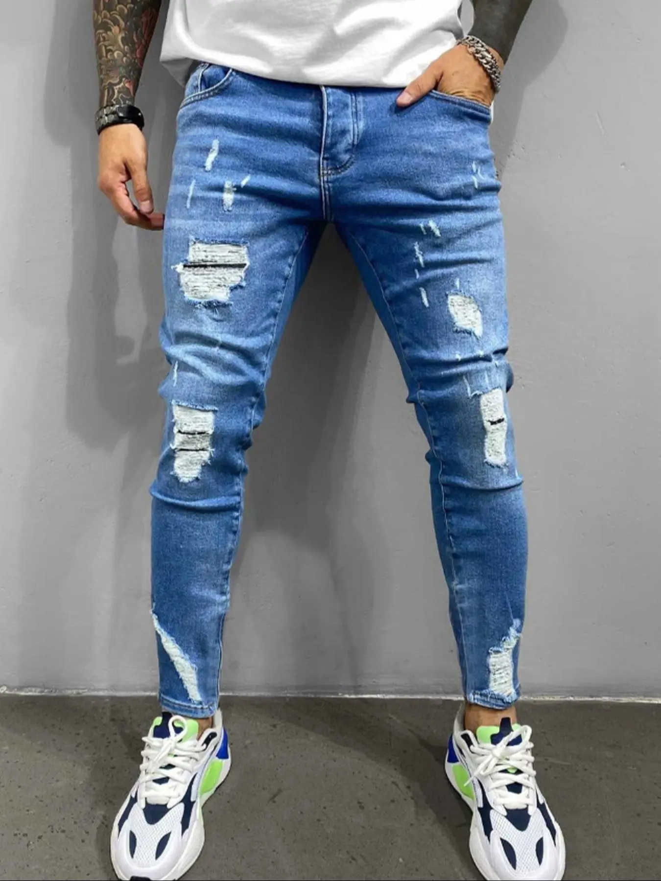 Men's Slim Blue Denim Jeans, Casual Comfy Ripped Slim Fit Knee Jeans for Daily Wear, Streetwear Fashion Men's Bottoms for All Seasons, Jeans for Men, Cotton, Menswear, Denim Pants, Ripped Stretch Jeans, Casual Denim Trousers, Ripped Hole Jeans