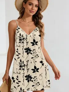 Women's Beige Black Floral Print Spaghetti Strap Mini Dress - V-Neck Sleeveless Summer Dress with Adjustable Straps