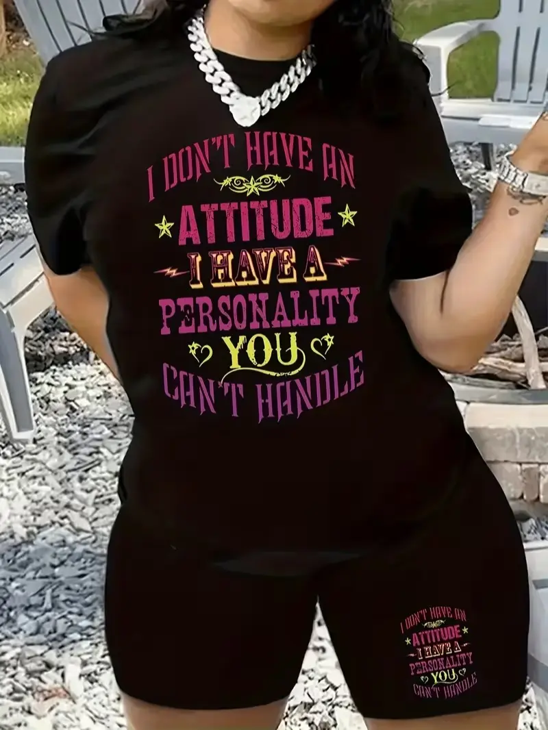 Women's Streetwear 2-Piece Outfit - Lightweight Breathable Shortsleeve Black Set, "I Don’t Have An Attitude" Sassy Quote Print Tee + Biker Shorts