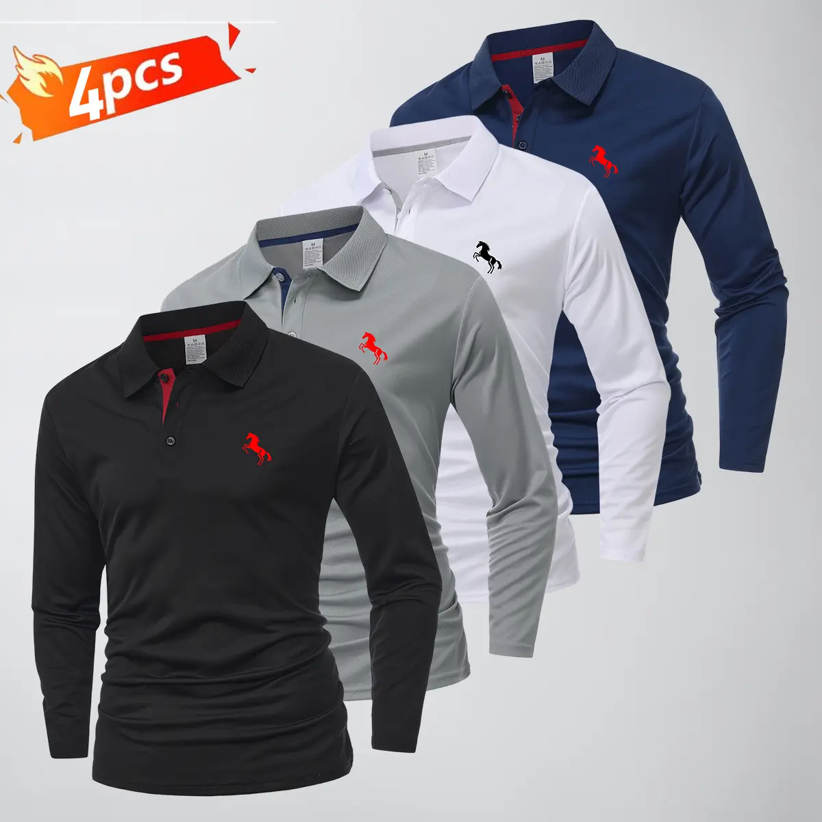 JOGWAVE Men’s Classic Long Sleeve Polo Shirts (Set of 4) - Contrast Collar, Button Front, Solid Colors, Fashionable Prints, Stretchable, Quick Dry, High-Performance for Golf, Outdoor Work Tops