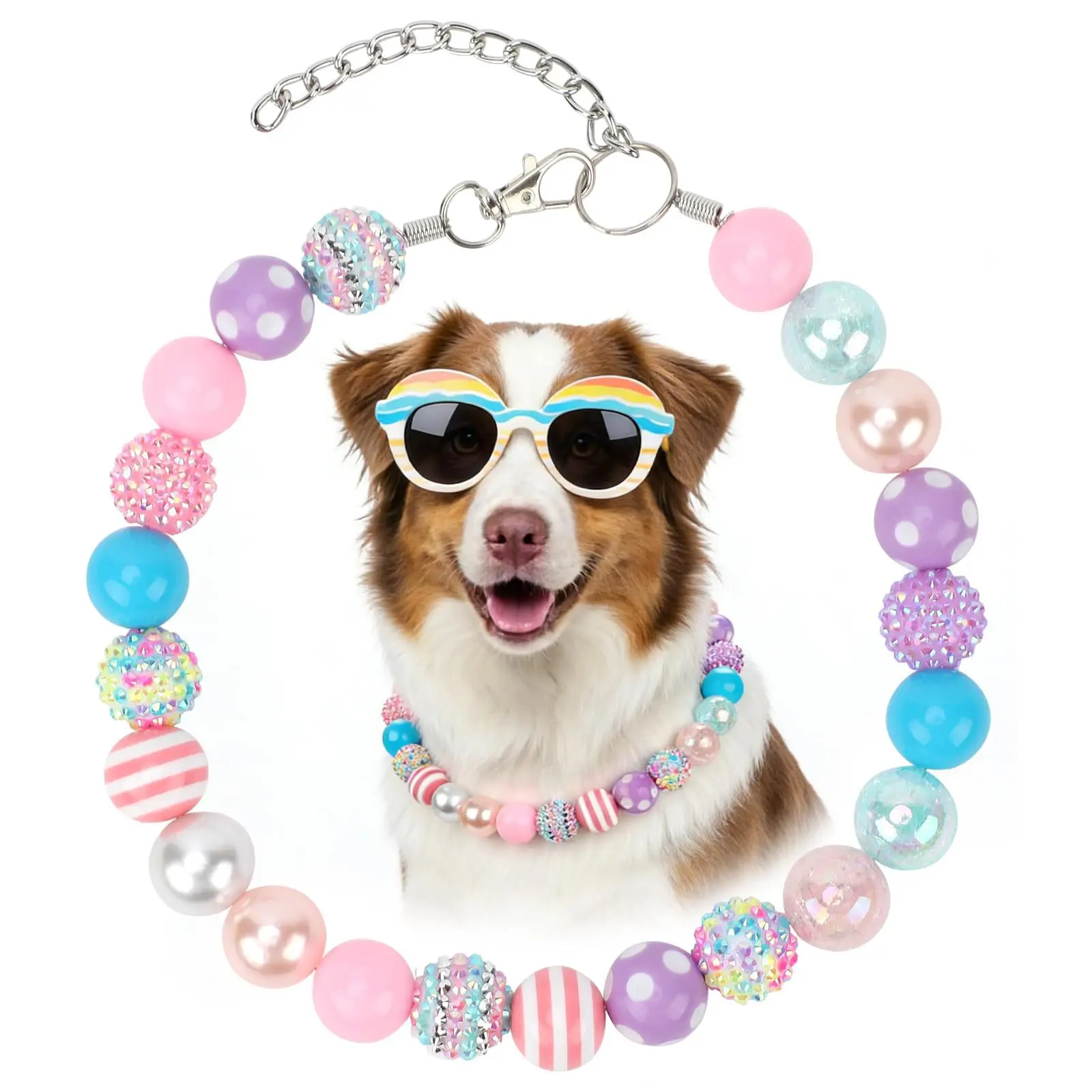 Adjustable Bubblegum Bead Dog Collar Necklace for Medium Large Dogs, 20mm Chunky Rhinestone Pearl Dog Collar with Stainless Steel Chain, Cute Pet Accessory for Party Daily Wear Photo Shoot Dog Birthday Gift