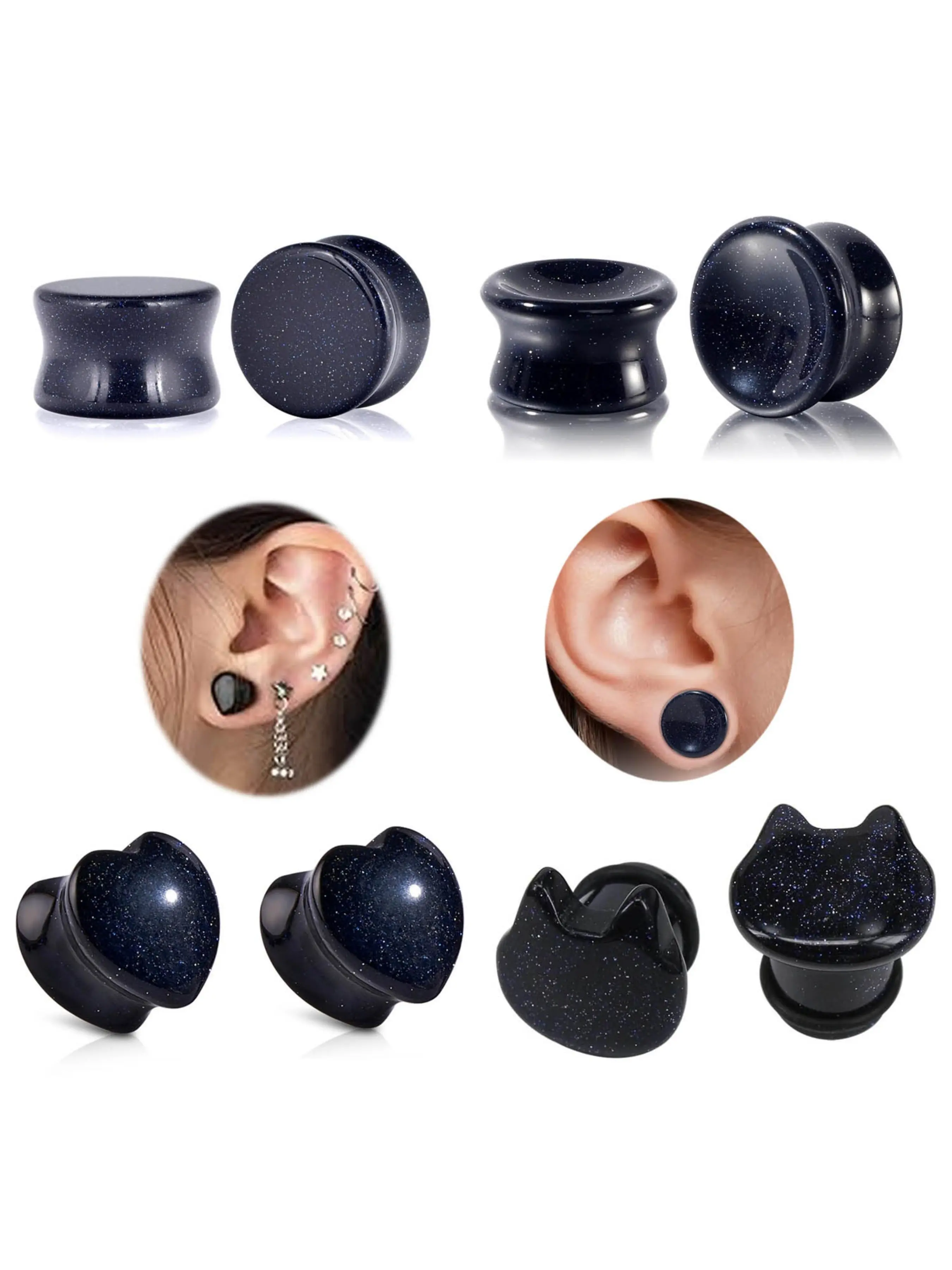 1Pair Heart Shaped Concave, Cat Head Stone Ear Gauges Body Piercing Plugs Piercing Jewelry Earbobs for Women and Men Piercing Accessories for Women Body Jewellery 2G-5/8 6-16mm