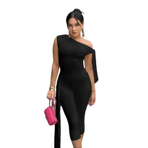 Women's 2-Piece Chic Minimalist Suit Set - Solid Asymmetrical Neck Knot Sleeveless Ruched Top, High Waist Tight-Fit Slim-Fitting Capri Pants, Elegant Women's Clothes for Daily Outdoor Wear
