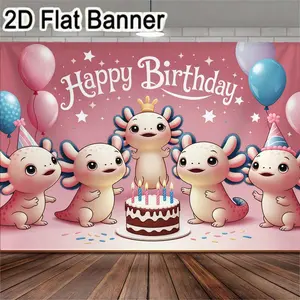 2D flat banner, 1pcAxolotl Happy Birthday Party Decorations, Pink & Blue Cake Centerpiece Backdrop with Cute Axolotl Creatures, Party Hats, & Festive Confetti for Birthday Party Supplies