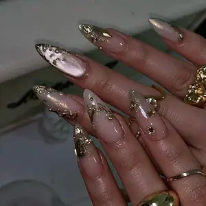 SHEDARES Nude Glam – Handmade Press-On Nails with Gold Chrome Accents, Pearl Details & Shimmer Nude Base – Perfect for Elegant Glam, Date Nights & Special Events