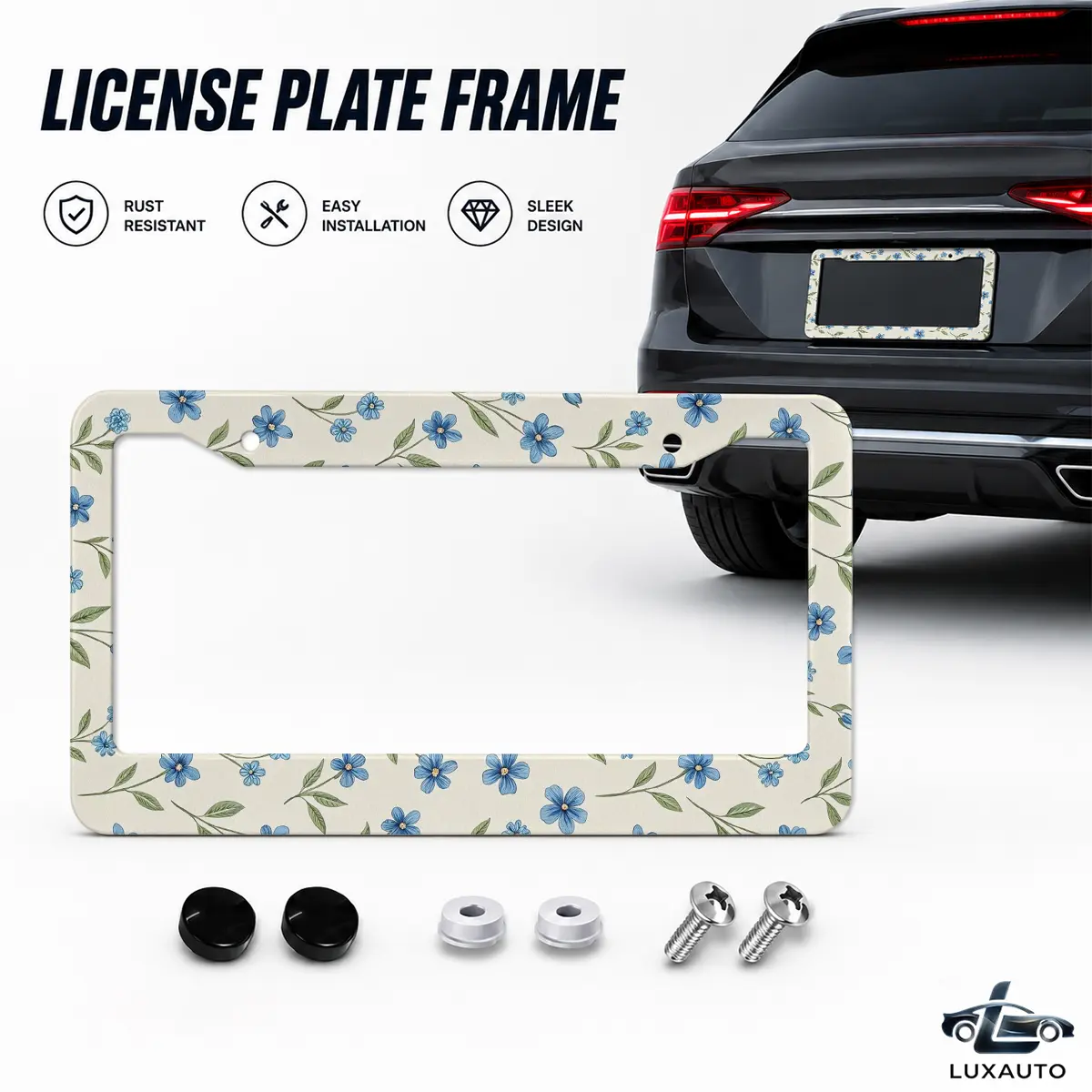 Blue Floral Vine License Plate Frame, Decorative Aluminum Car Tag Holder with Screws & Caps, Universal 12.2 x 6.3 Inch Rust-Resistant Metal License Plate Frame for Cars, SUVs & Trucks