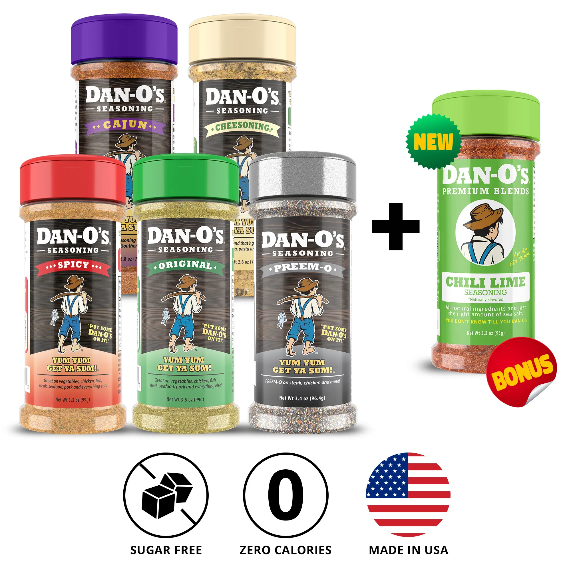 Dan-O's Seasoning Favorite Sampler Variety Pack 2 - Small 5 bottle combo - Original, Cheesoning, Spicy, Preem-O, Cajun + FREE Chili Lime