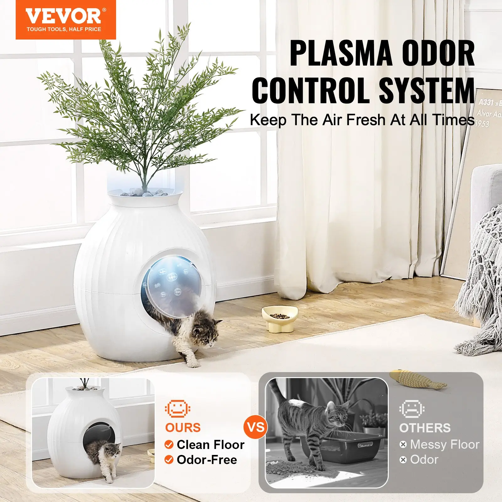 VEVOR Odor-Free Hidden Cat Litter Box with Artificial Plant - Stylish & Spacious