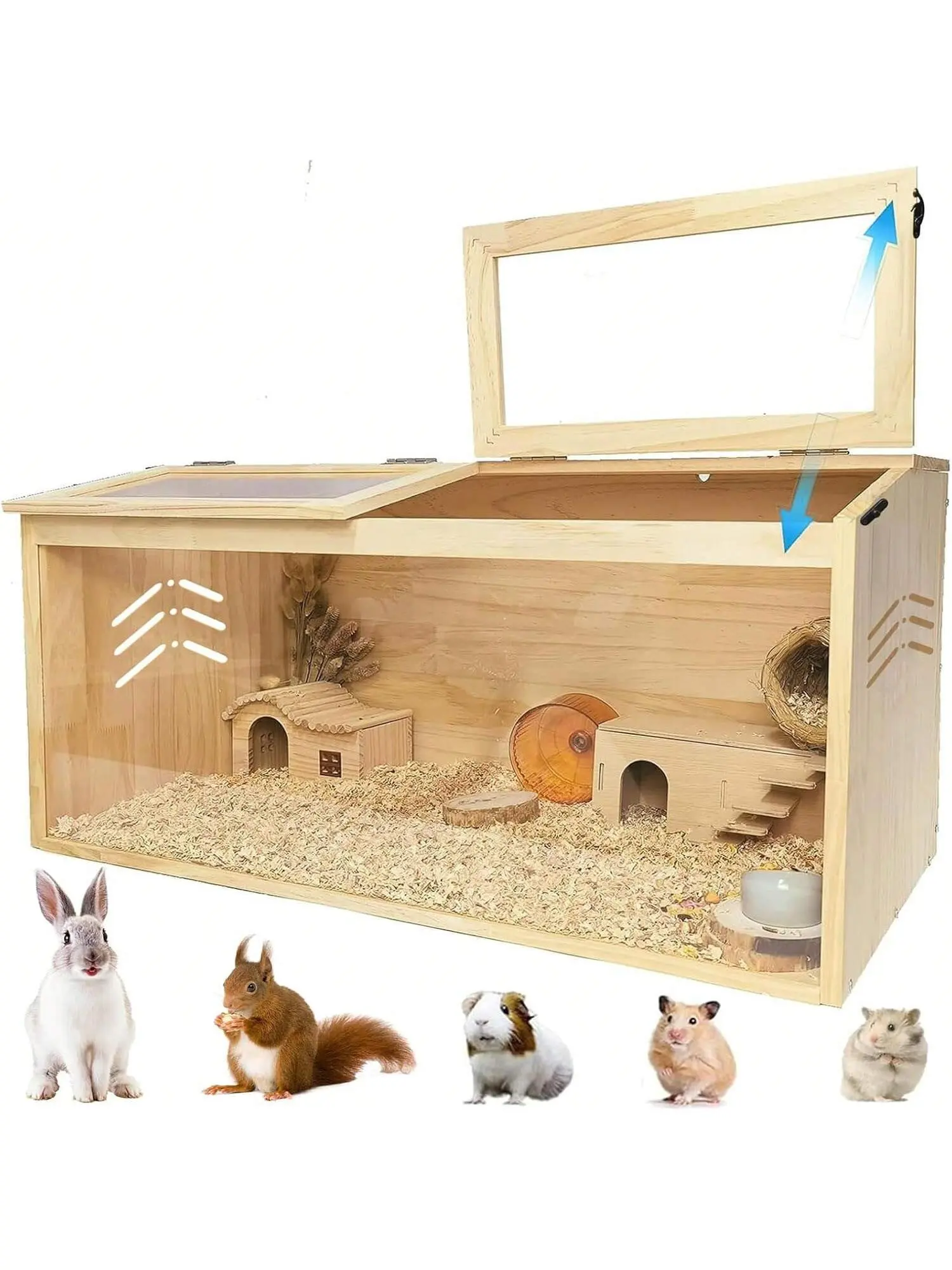 Natural Wooden Hamster Cabinet Habitat - Chewproof Animal Enclosure, Dual Skylight Windows, Openable Top, Large Acrylic Sheets, Large Capacity, Easy Assembly Guide for Dwarf Hamsters