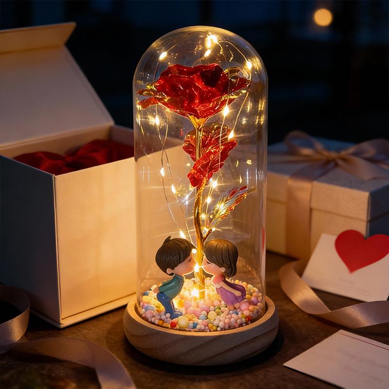 Valentine's Day simulation gilt roses, creative wooden base glass cover with couple dolls, colorful foam balls, AA battery power supply, gift box packaging suitable for Valentine's Day gifts, romantic night lights in home bedrooms