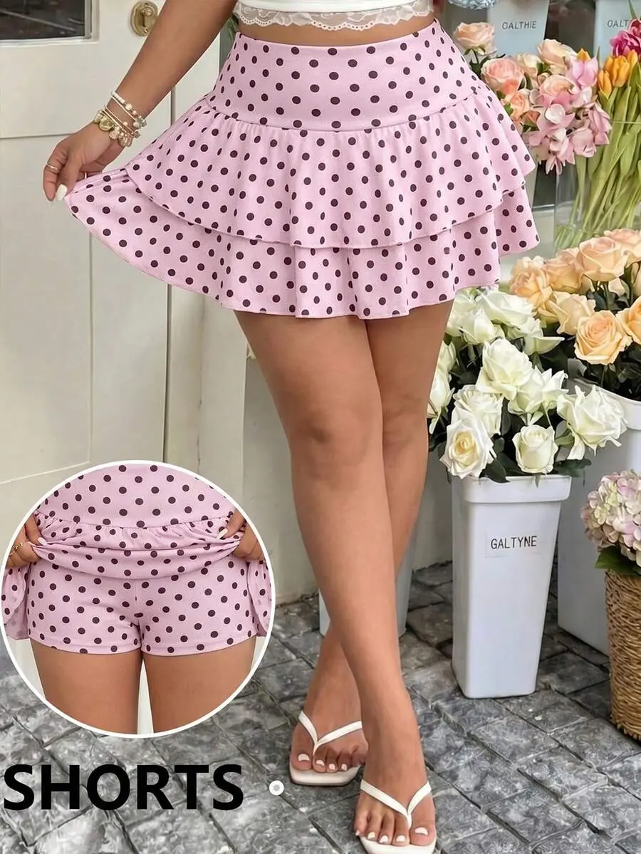 Pink Polka Dot Print Plus Size Skirt Vacation Summer Cute Vacation Cute
