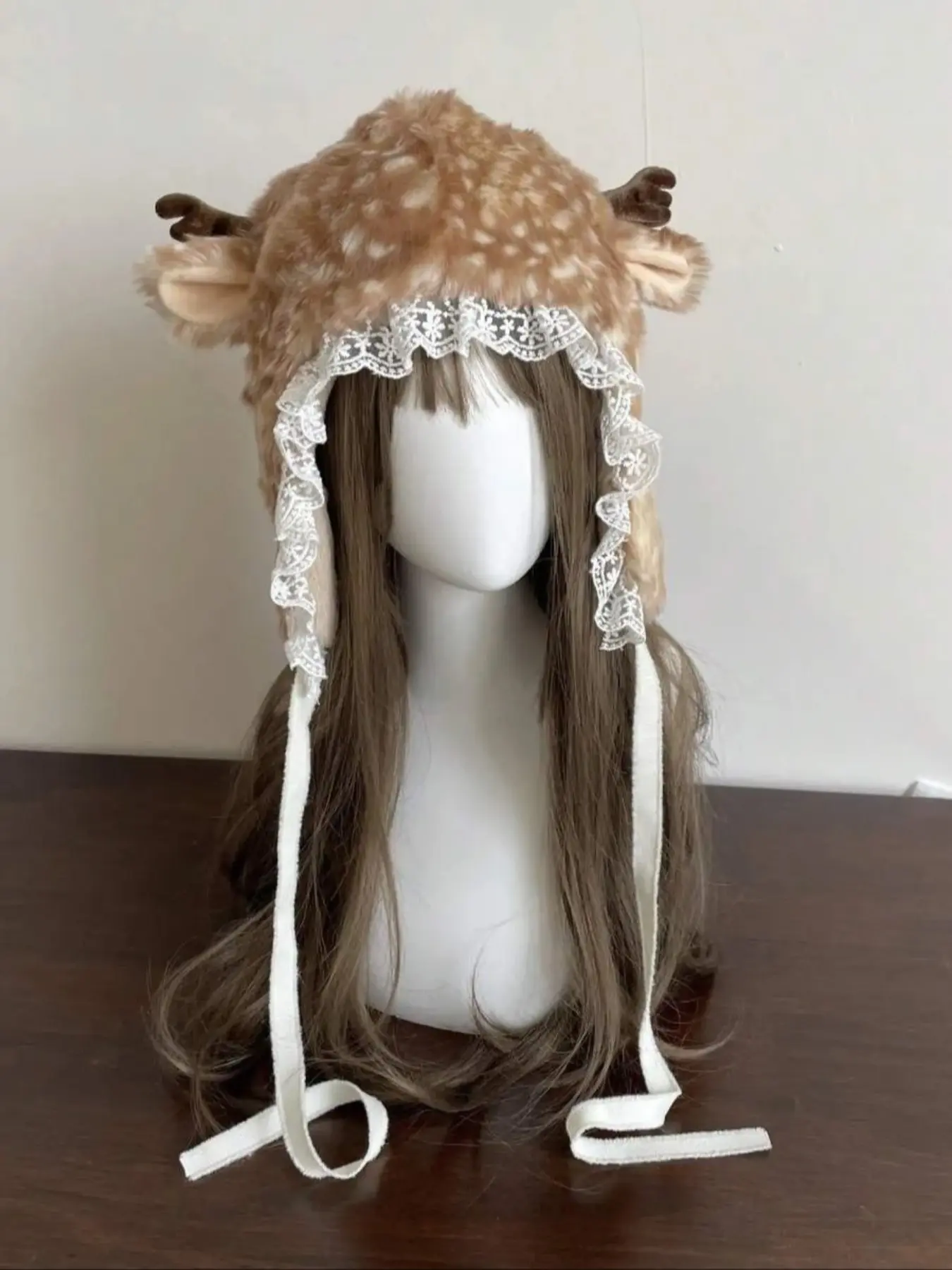 Cute Plush Lace Patchwork Antler Hat, Sweet Girl Winter Warm Ear Warmer, Stylish Daily Commute, Date, Outing, and Cold Weather Use, Leopard Vintage Hat, Fashion Hats